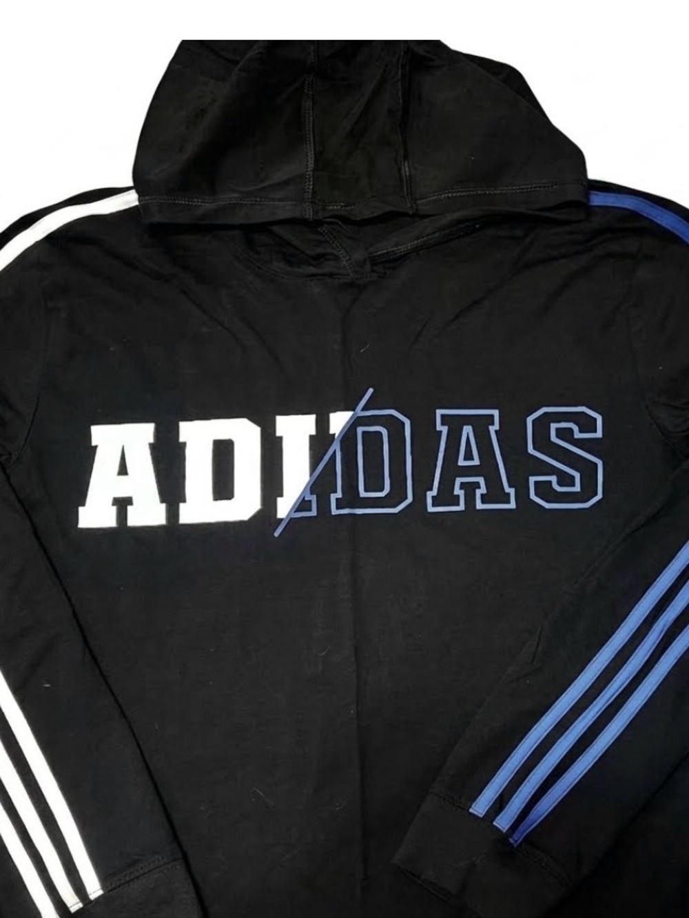 Adidas Black Hoodie with White and Blue Logo Youth Large 14/16.